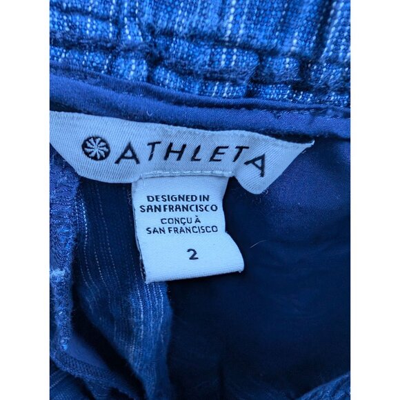 Athleta Womens 2 Striped Cabo Blue Linen Shorts Elastic Waist Drawstring Running - Picture 8 of 9